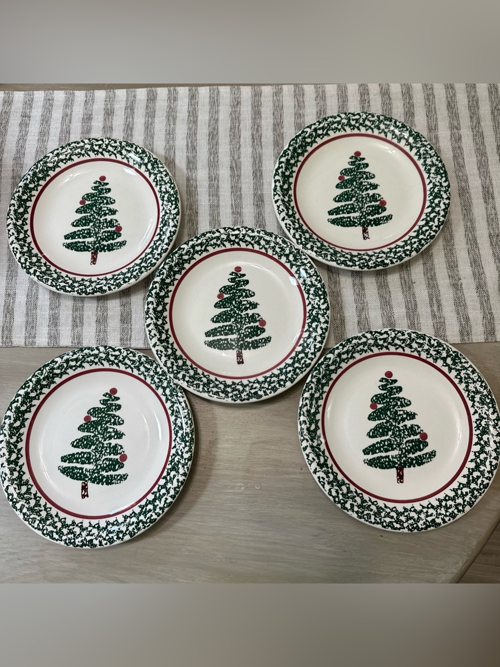 Christmas Tree Salad 5pc Plates FURIO Italy Hand Painted Vintage Spongeware